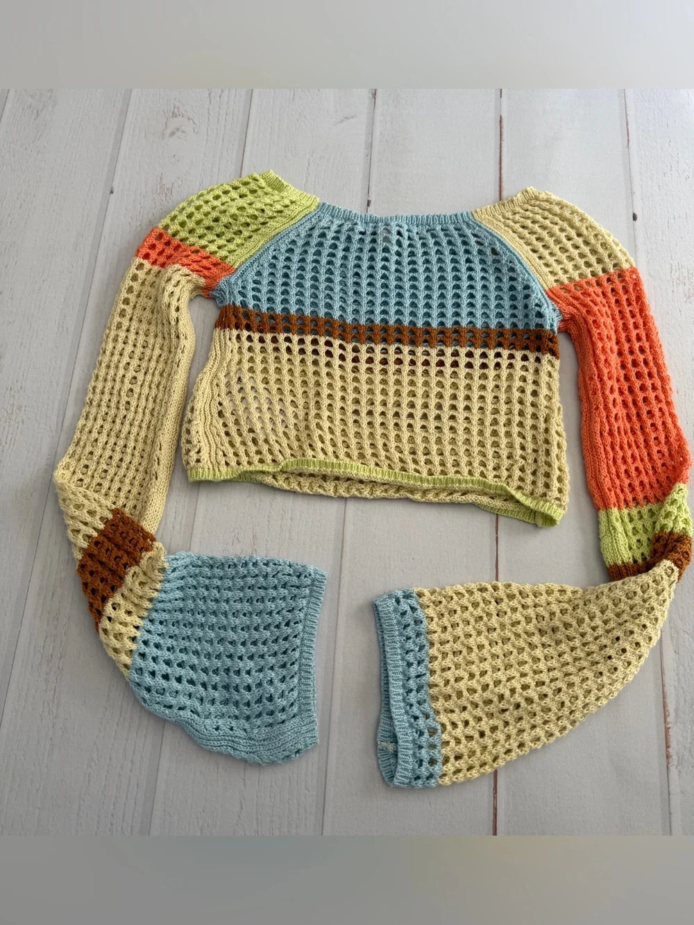 Urban Outfitters Open Knit Crochet Bell Sleeve Crop Sweater SP Boho Colorblock - Picture 6 of 9